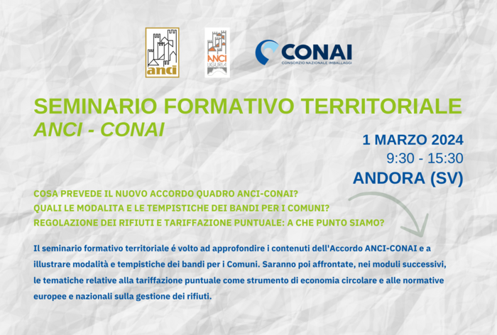 Seminario di formazione territoriale ANCI-CONAI l'1 marzo ad Andora, il 18 a Chiavari